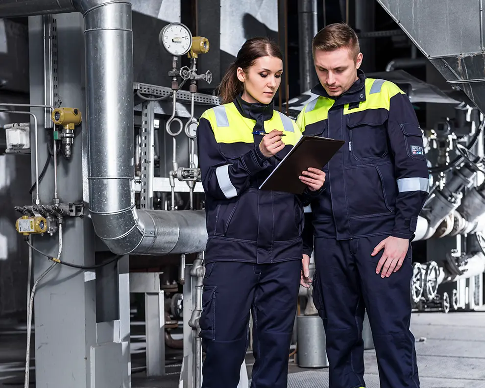 Two Engineers in the industrial Electrical industry doing a checklist wearing ProGARM PPE