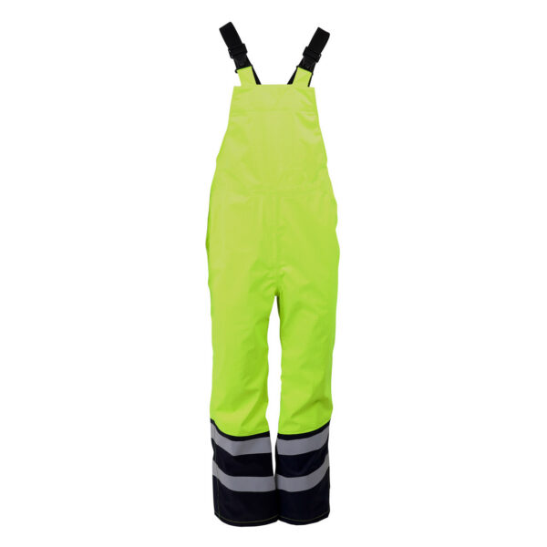 Bright yellow waterproof dungarees with stripes.