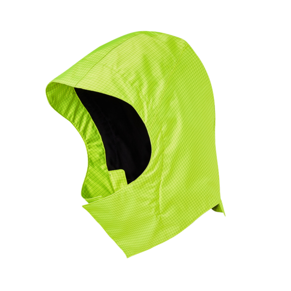 Bright green hood with black lining